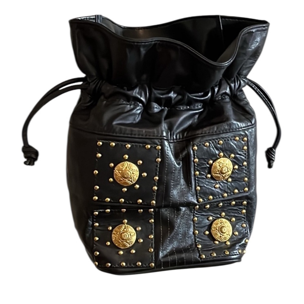 Samir black genuine leather gold studded cinch top crossbody bag